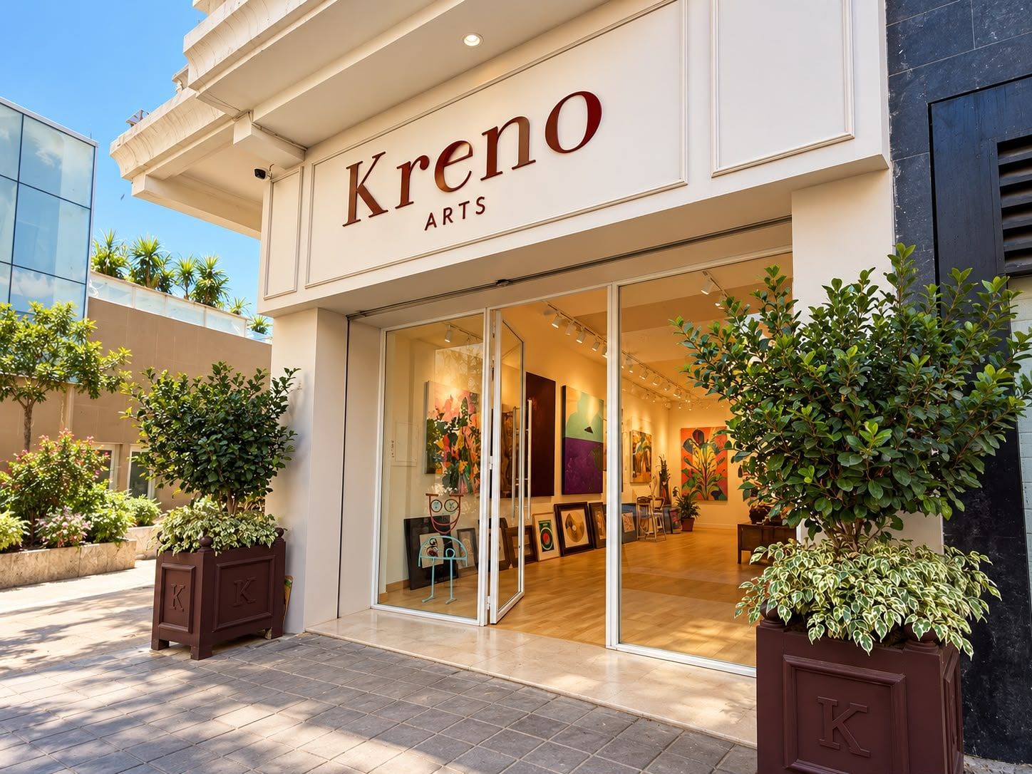 Façade de la galerie Kreno Arts, 13 rue Aïn El Aouda à Casablanca : vitrine ouverte sur les œuvres exposées.